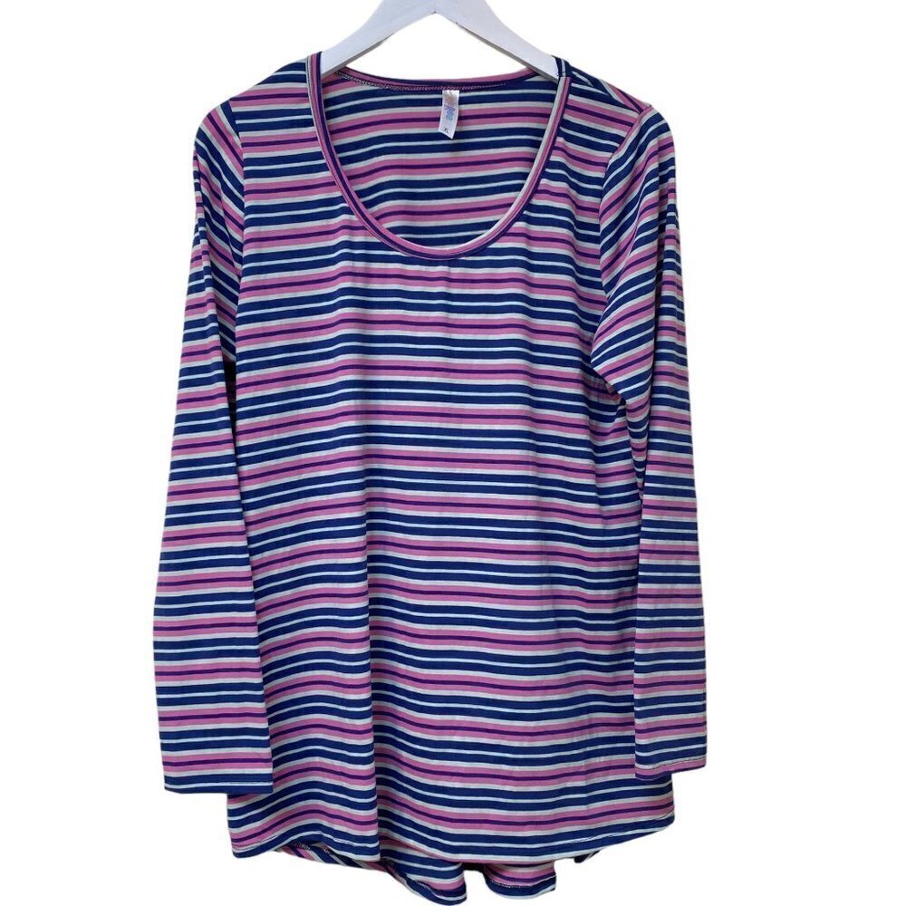 Lularoe Top XL Womens Long Sleeve LynnaeTee Pink Navy Blue Stripe